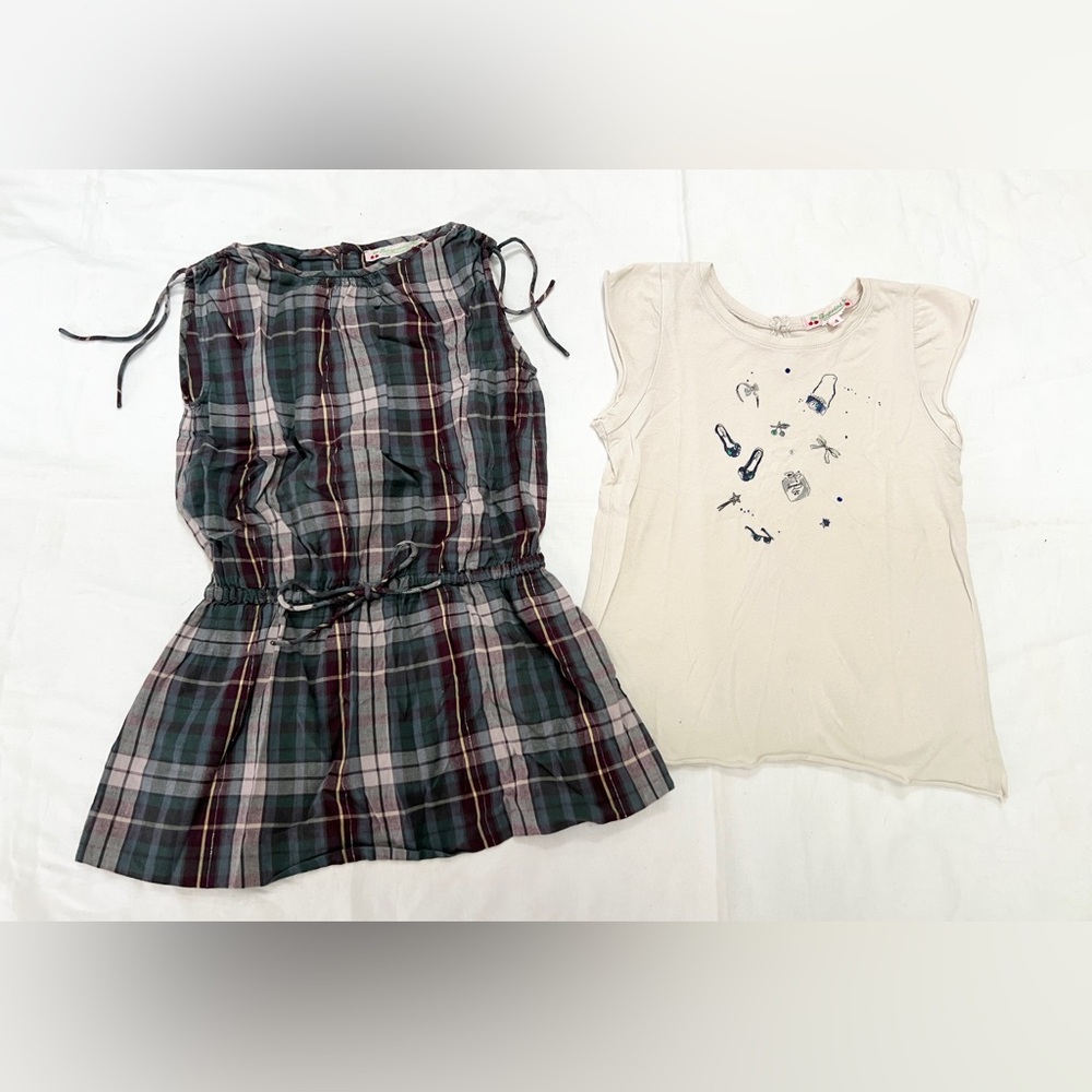 Bonpoint Green & Purple Plaid Peplum Tank with Cream Graphic Tee